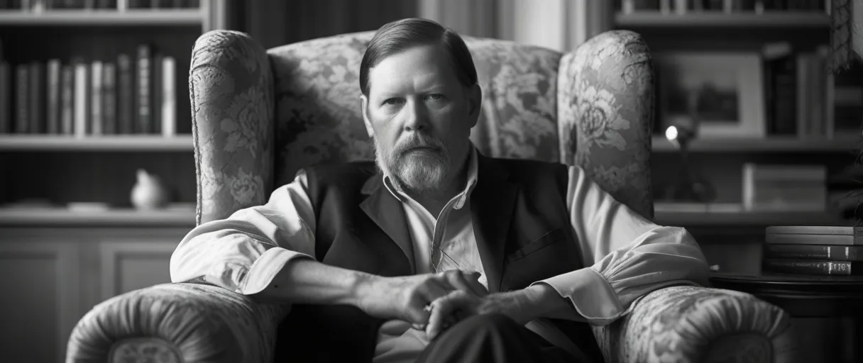 Bram Stoker walking through the countryside of Dublin, Ireland, reflecting a philosophical thinker and critical of social norms spirit.