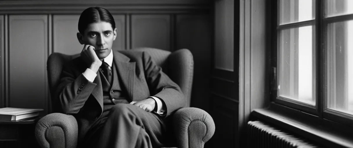 Franz Kafka walking through the countryside of Prague, Austria-Hungary, reflecting a philosophical thinker and critical of social norms spirit.