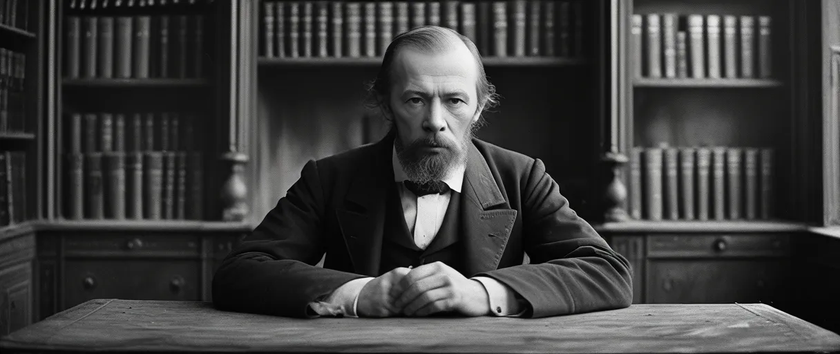 Fyodor Dostoevsky walking through the countryside of Saint Petersburg, Russia, reflecting a philosophical thinker and critical of social norms spirit.