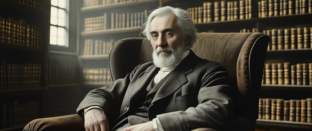 Ivan Sergeyevich Turgenev walking through the countryside of Spasskoye-Lutovinovo, Russia, reflecting a philosophical thinker and critical of social norms spirit.