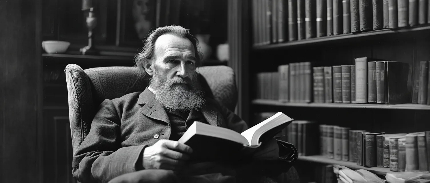 Leo Tolstoy walking through the countryside of Tula Province, Russia, reflecting a philosophical thinker and born into the russian aristocracy spirit.