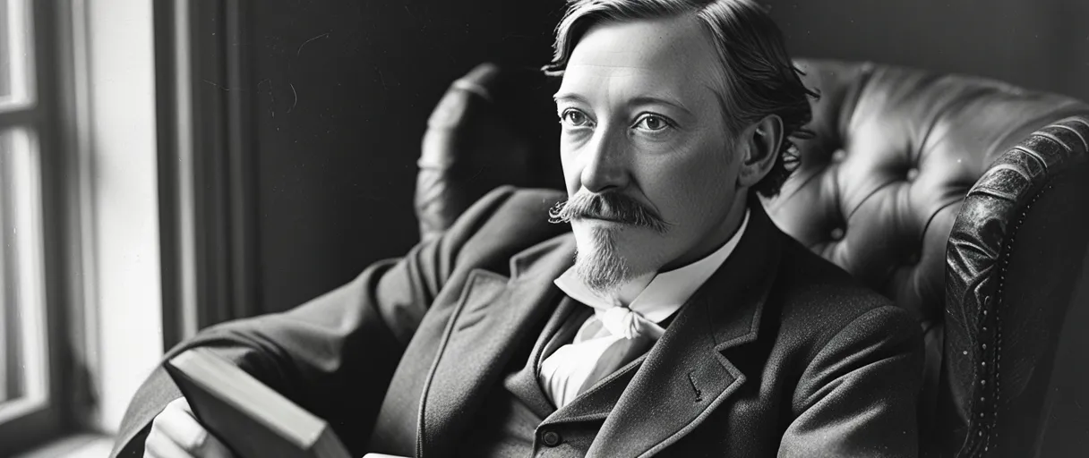 Robert Louis Stevenson walking through the countryside of Edinburgh, United Kingdom, reflecting a philosophical thinker and critical of social norms spirit.