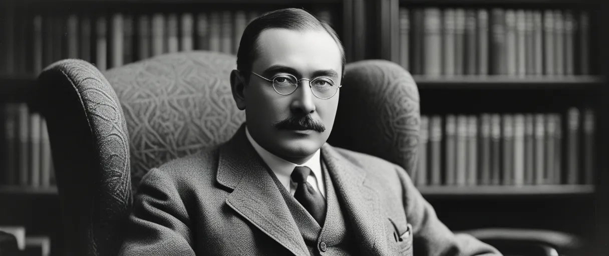 Rudyard Kipling walking through the countryside of Rottingdean, United Kingdom, reflecting a philosophical thinker and critical of social norms spirit.