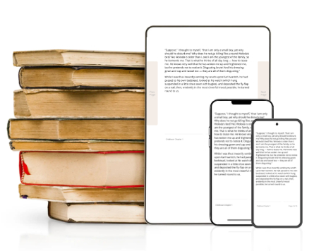 A tablet and two smartphones showing that the books can be read on multiple device types