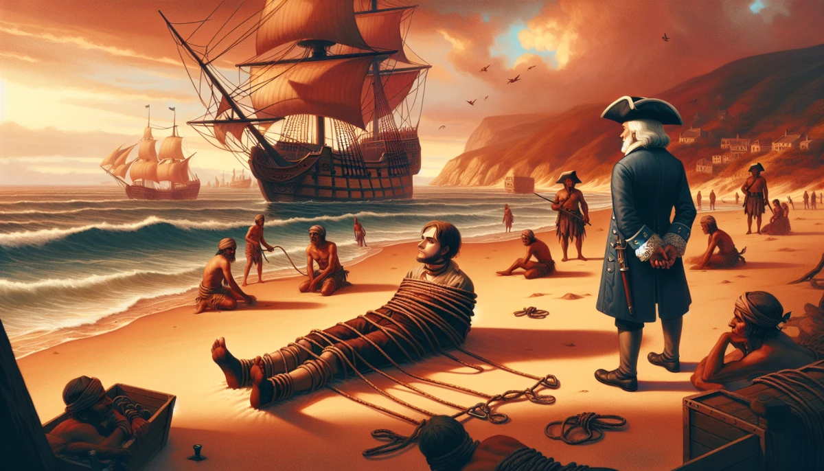 Illustration of Lemuel Gulliver during the climax of Gullivers Travels, from the scene 'Expulsion from the Land of Houyhnhnms'