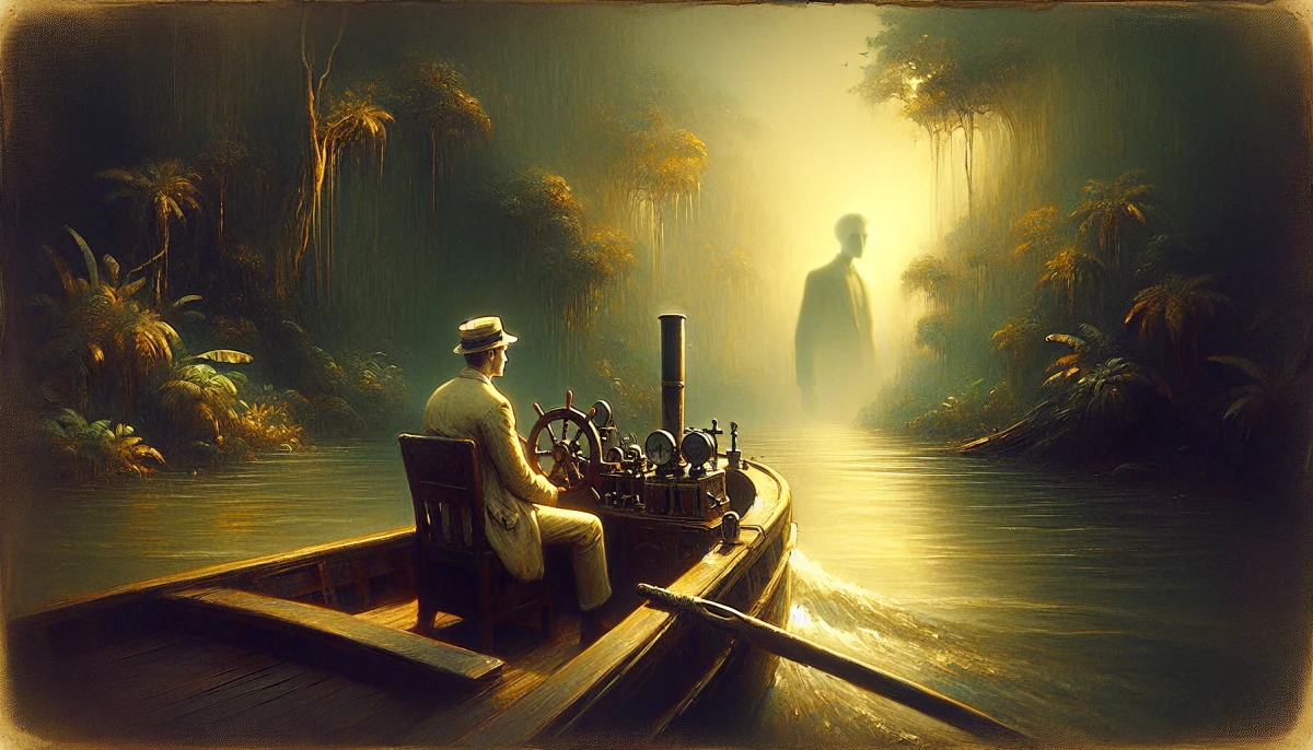 Illustration of Charles Marlow during the climax of Heart of Darkness, from the scene 'Confrontation with Kurtz'