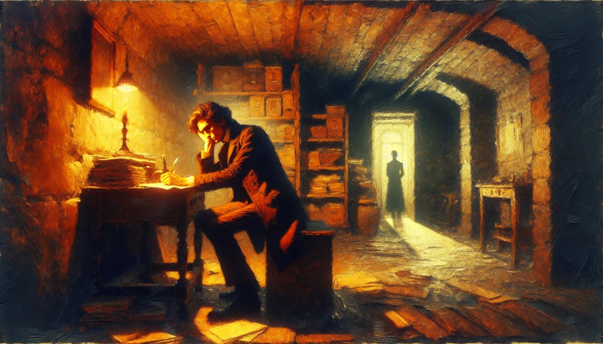 Illustration of The Underground Man during the climax of Notes From The Underground, from the scene 'Liza Visits the Underground Man'