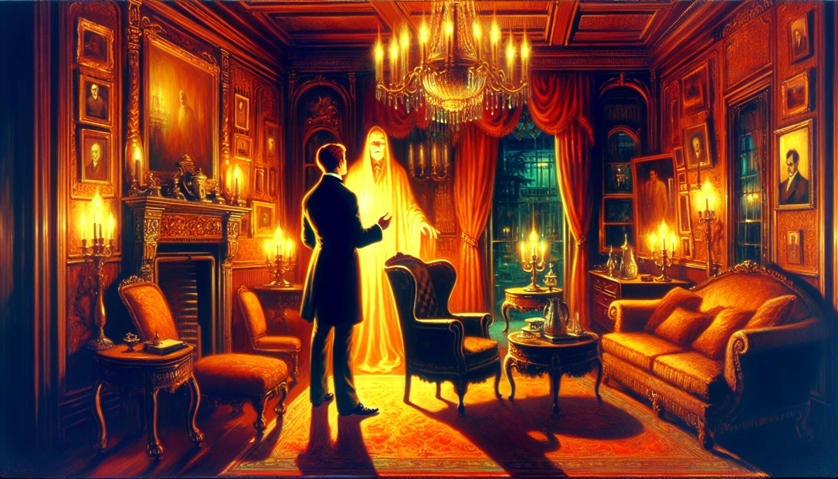 Illustration of Carl Foster during the climax of The Ghost, from the scene 'Final Confrontation with Lord Clarenceux'