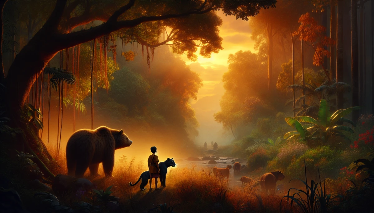 Illustration of Mowgli during the climax of The Jungle Book, from the scene 'Mowgli's Triumph Over Shere Khan'