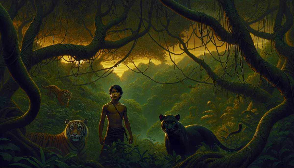 Illustration of Mowgli during the climax of The Second Jungle Book, from the scene 'Mowgli Faces Shere Khan'