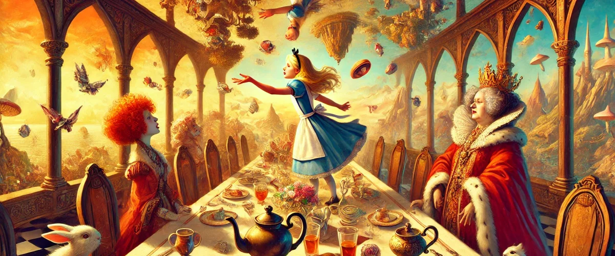Alice during the Banquet with the Red and White Queens from Through the Looking-Glass by Lewis Carroll